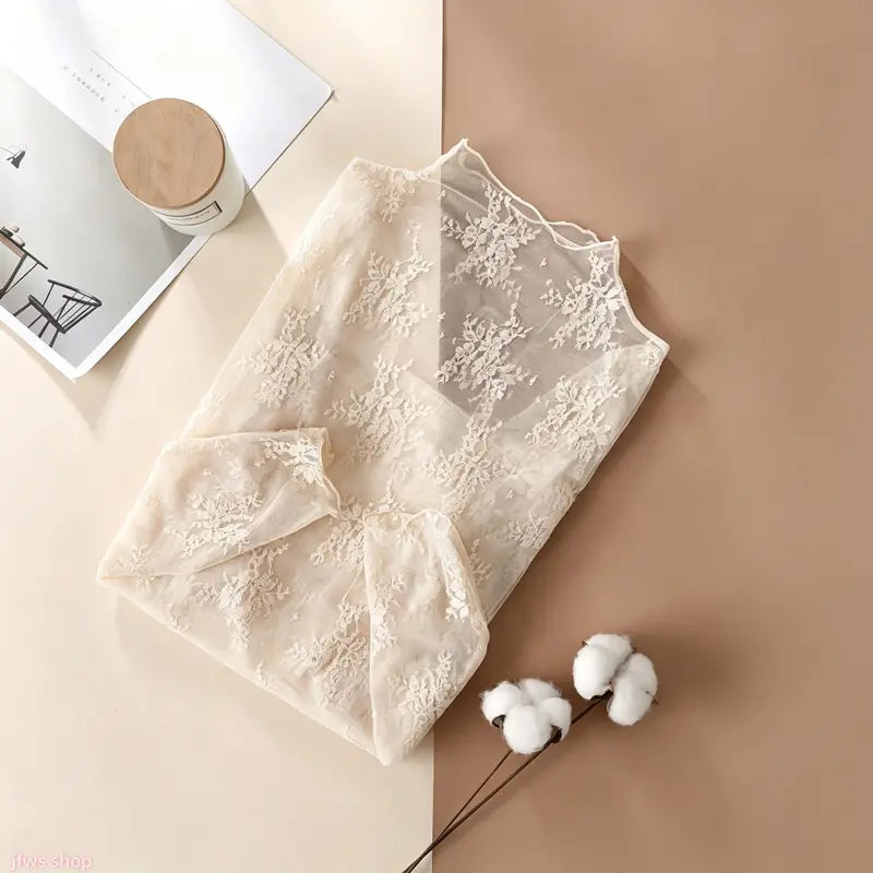 Floral Lace Mesh Long-Sleeve Tight-Fit Innerwear Top