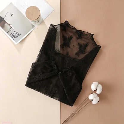 Floral Lace Mesh Long-Sleeve Tight-Fit Innerwear Top