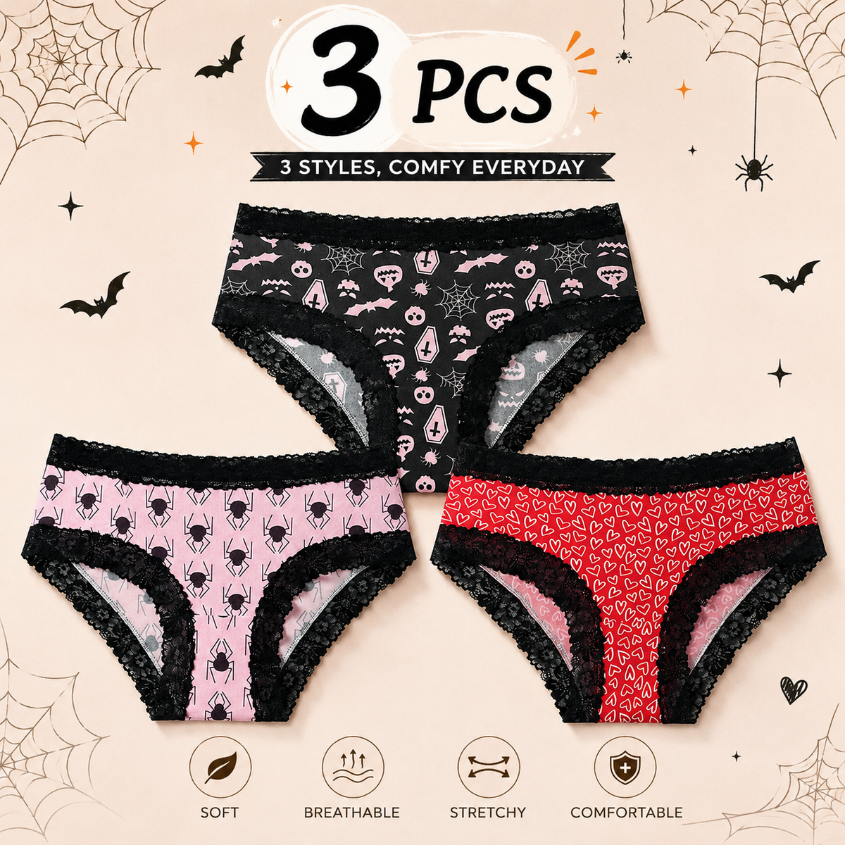 3/9-Pack Halloween Lace Brief Panties