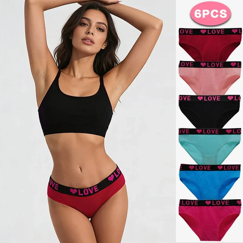 6 Pack LOVE Print Cotton Bikini Panties
