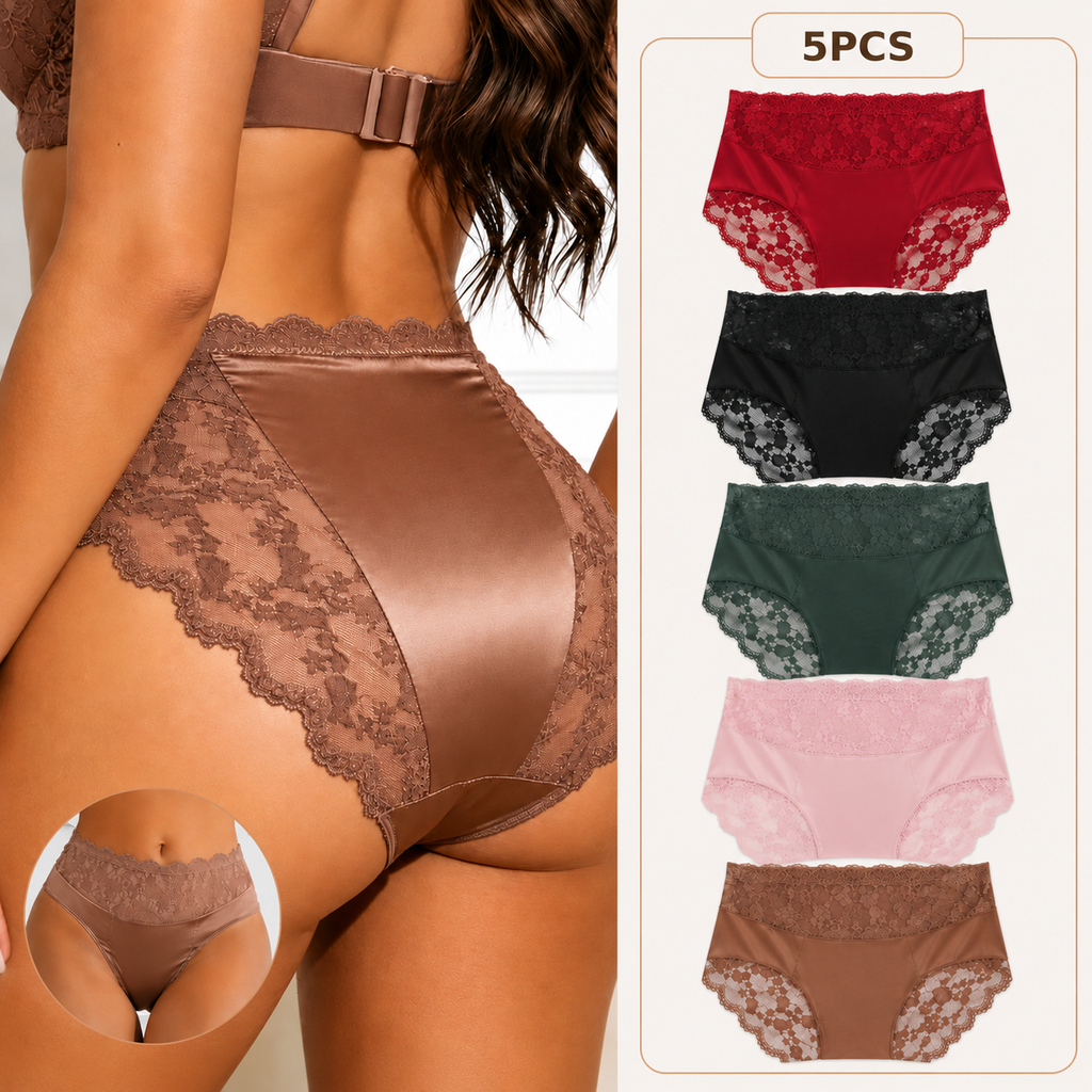 5-Piece Women’s Lace Panties Set – Mid-Waist Bikini Briefs