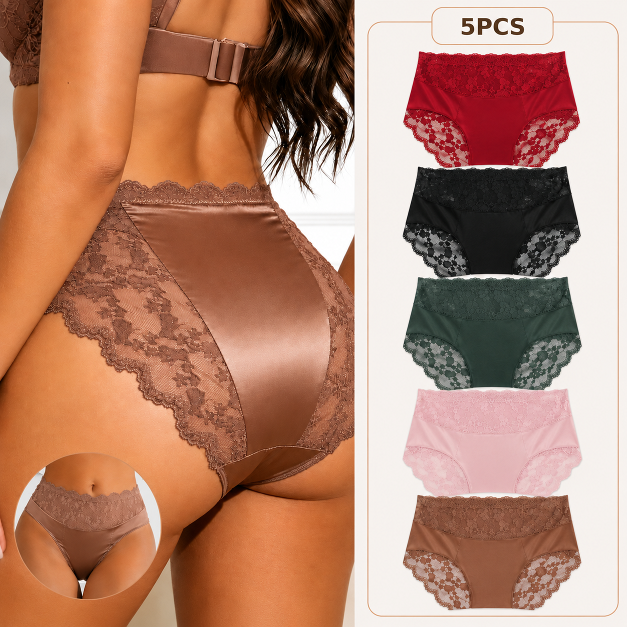 5-Piece Women’s Lace Panties Set – Mid-Waist Bikini Briefs