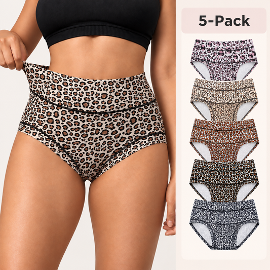 5-Pack Plus Size High-Waist Leopard Full Coverage Briefs