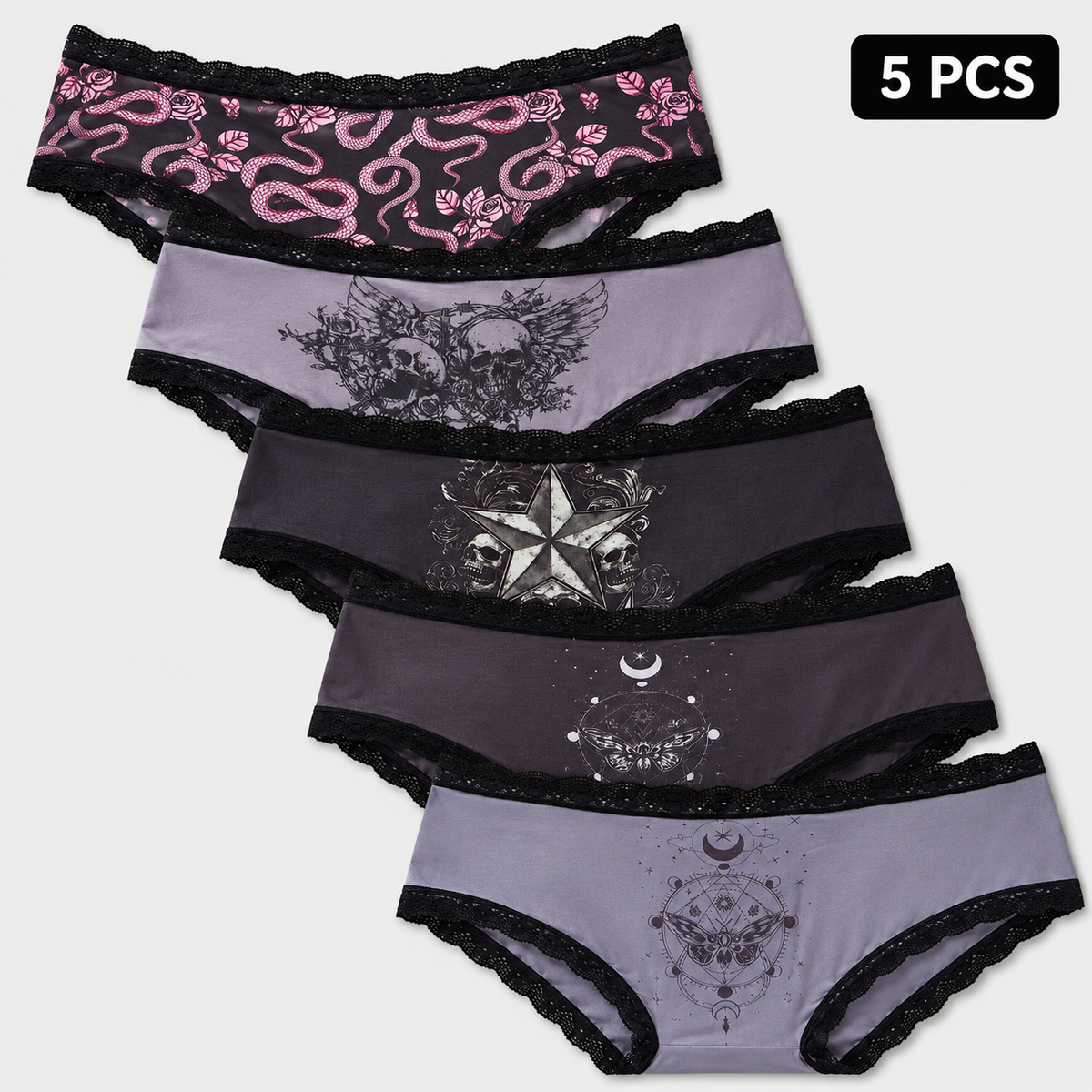 5-Pack Halloween Lace-Trim Printed Mid-Rise Brief Panties