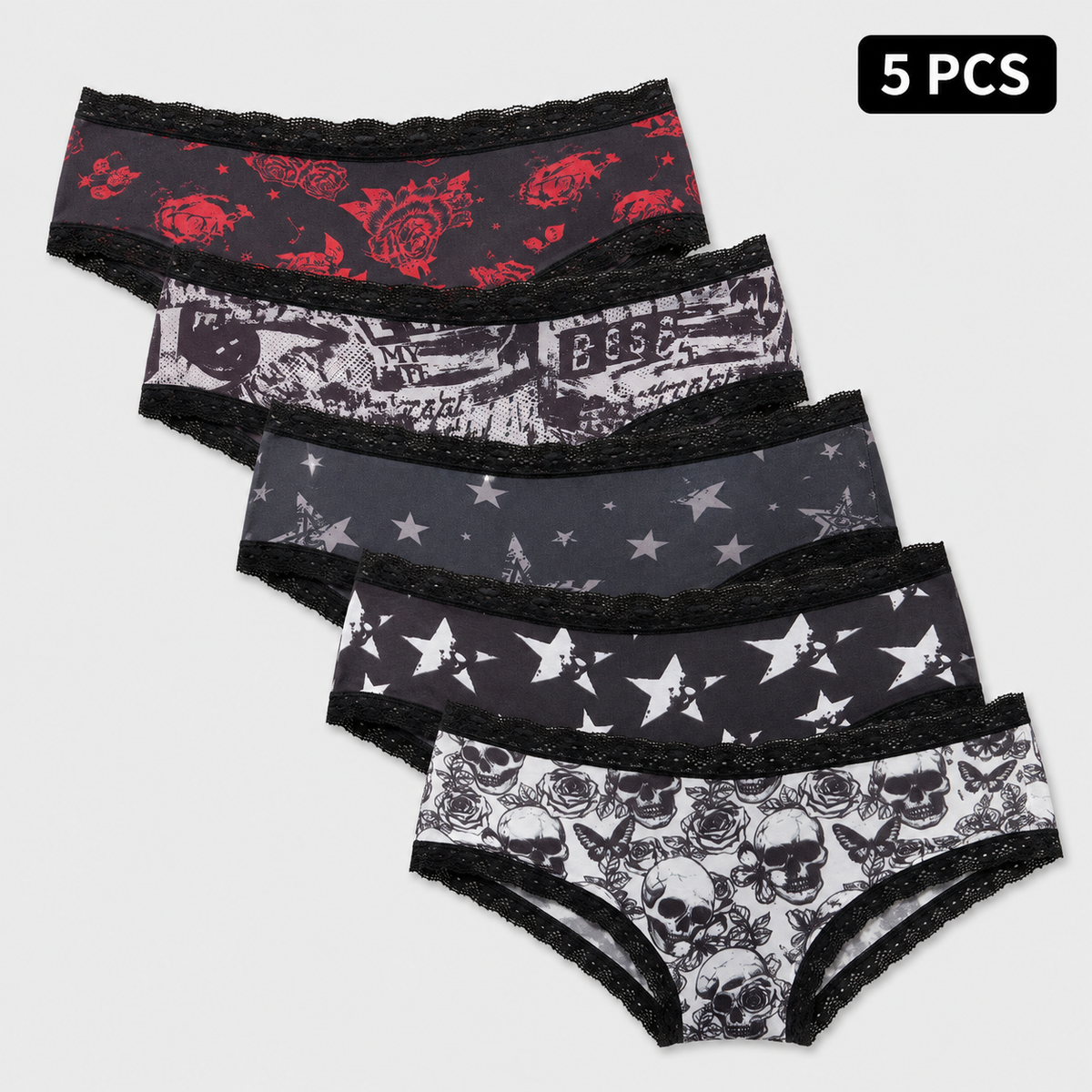 5-Pack Halloween Lace-Trim Printed Mid-Rise Brief Panties