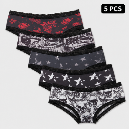 5-Pack Halloween Lace-Trim Printed Mid-Rise Brief Panties
