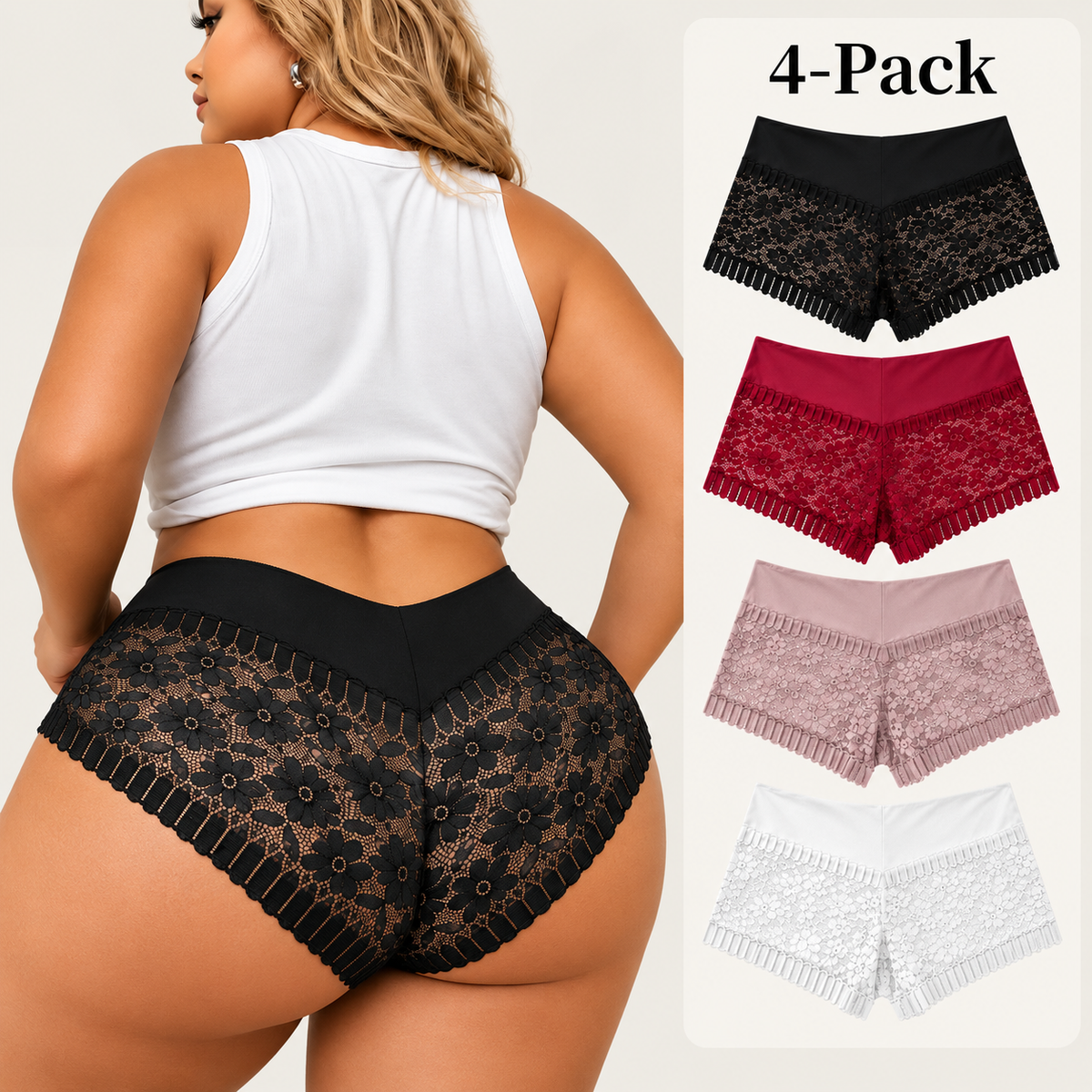 4-Pack Plus Size Floral Lace Boxer Briefs
