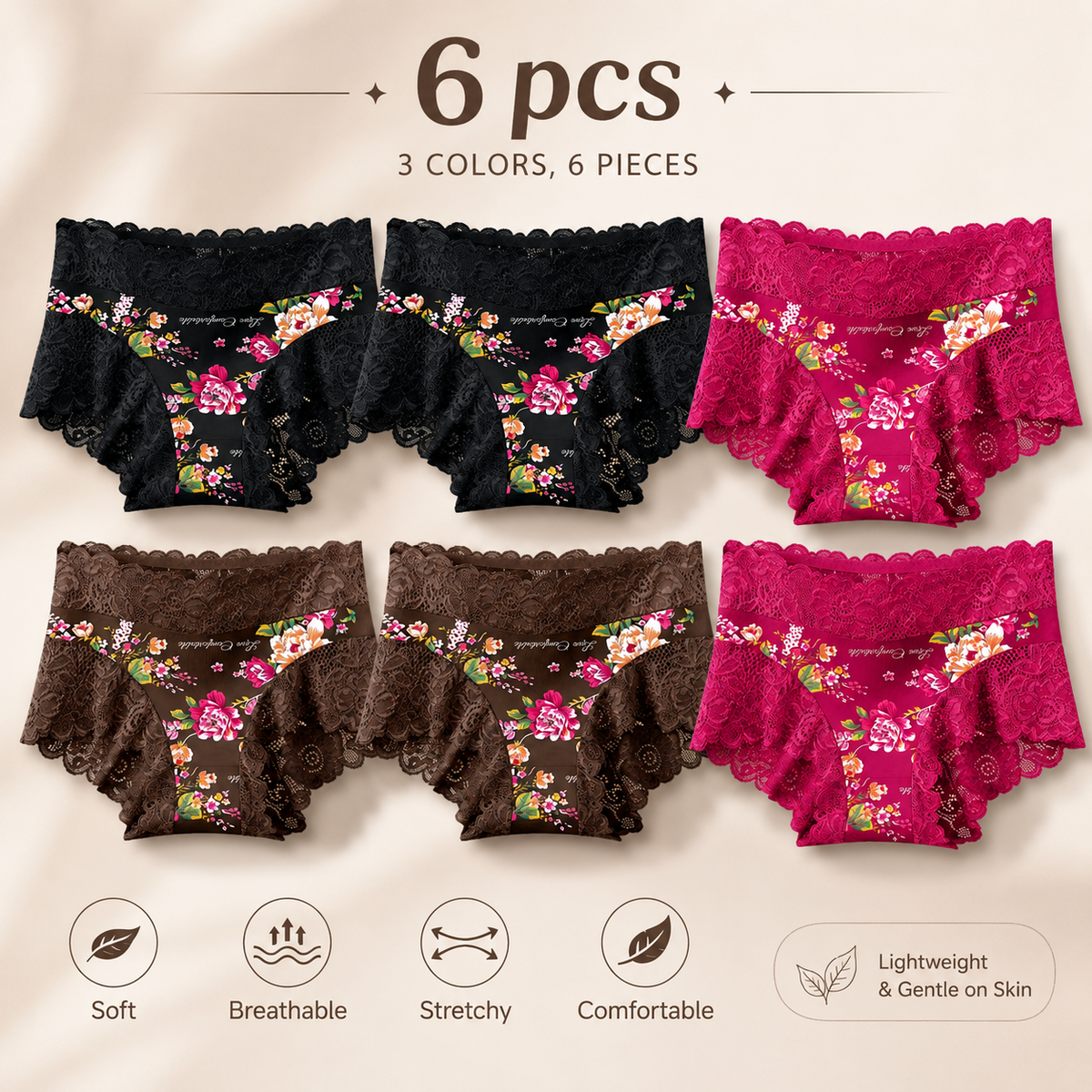 3/5/6-Pack Soft Stretch Floral Lace Briefs