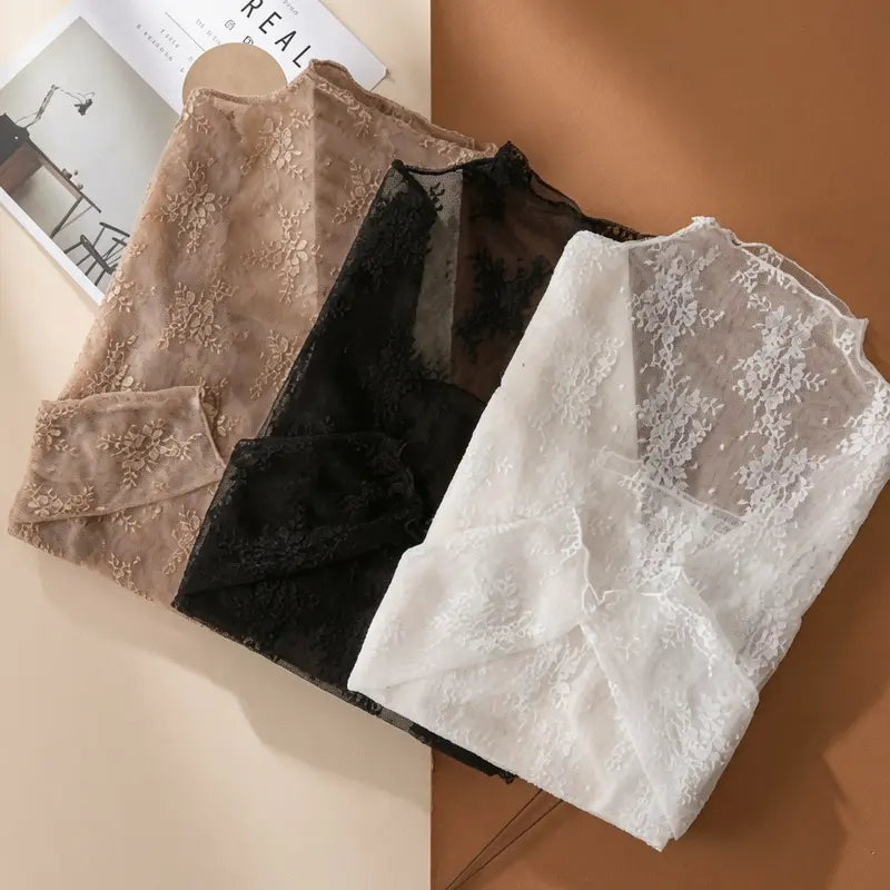 Floral Lace Mesh Long-Sleeve Tight-Fit Innerwear Top