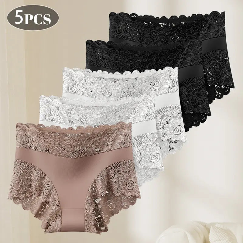 5 Pack Silky Lace Mid-Waist Panties