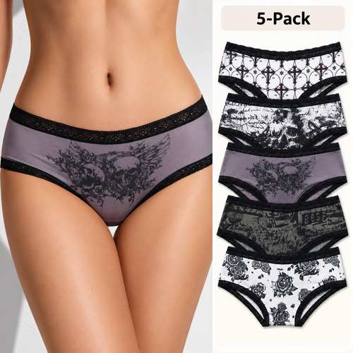 5-Pack Halloween Lace-Trim Printed Mid-Rise Brief Panties