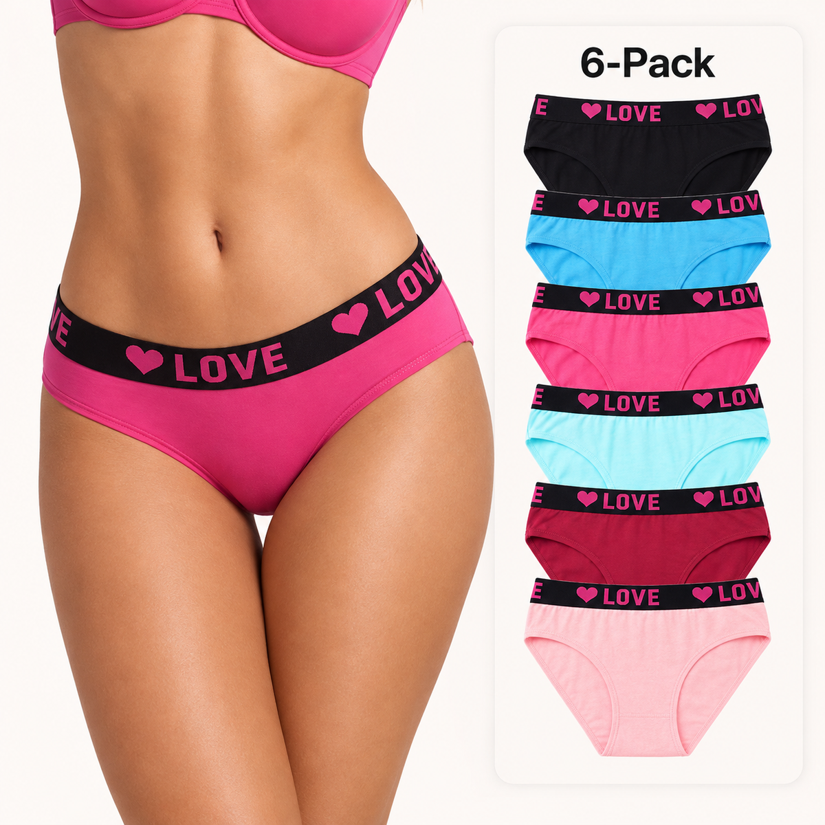 6-Pack LOVE Print Cotton Bikini Panties