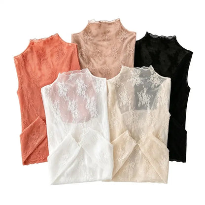 Floral Lace Mesh Long-Sleeve Tight-Fit Innerwear Top