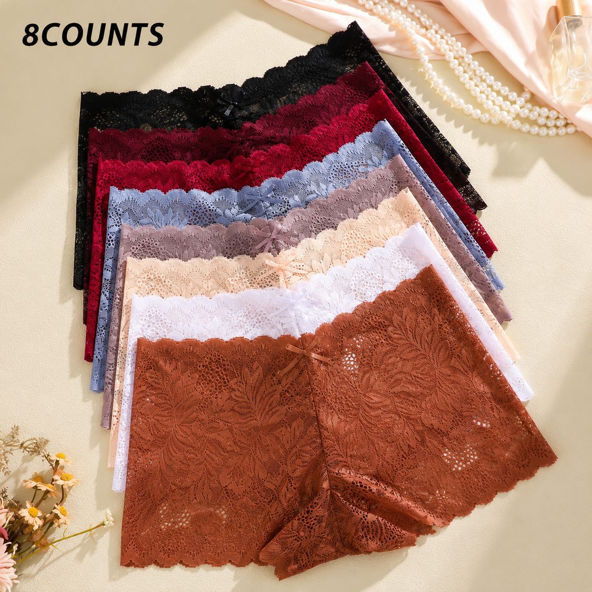 8-Pack Comfy Sexy Soft Lace Boyshorts Panties Set
