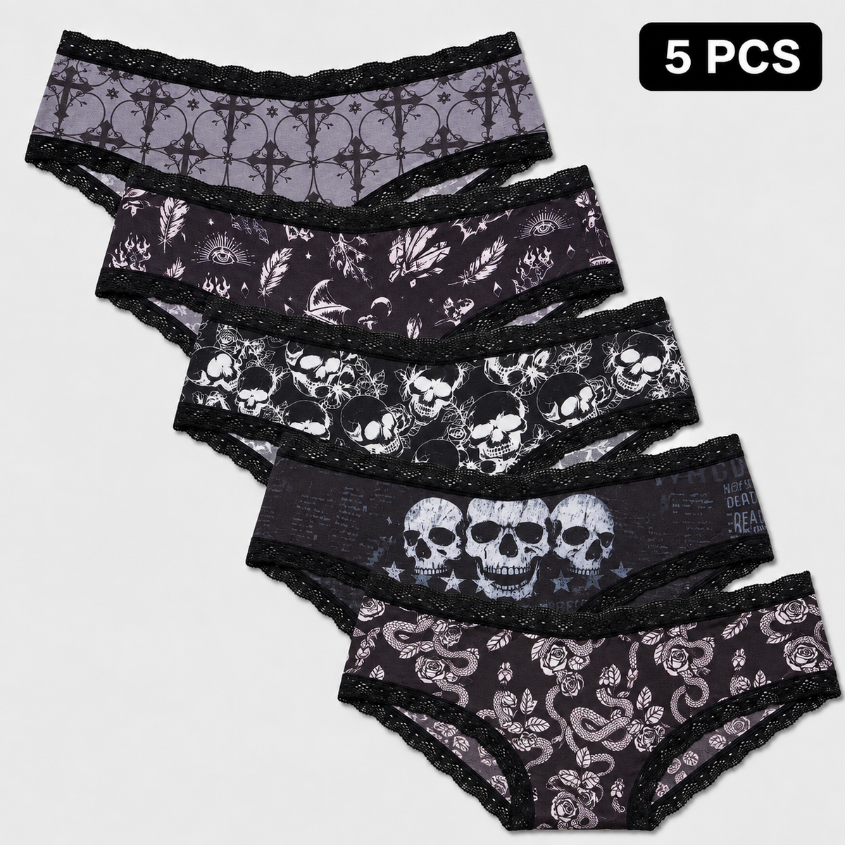 5-Pack Halloween Lace-Trim Printed Mid-Rise Brief Panties