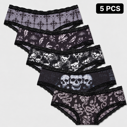 5-Pack Halloween Lace-Trim Printed Mid-Rise Brief Panties