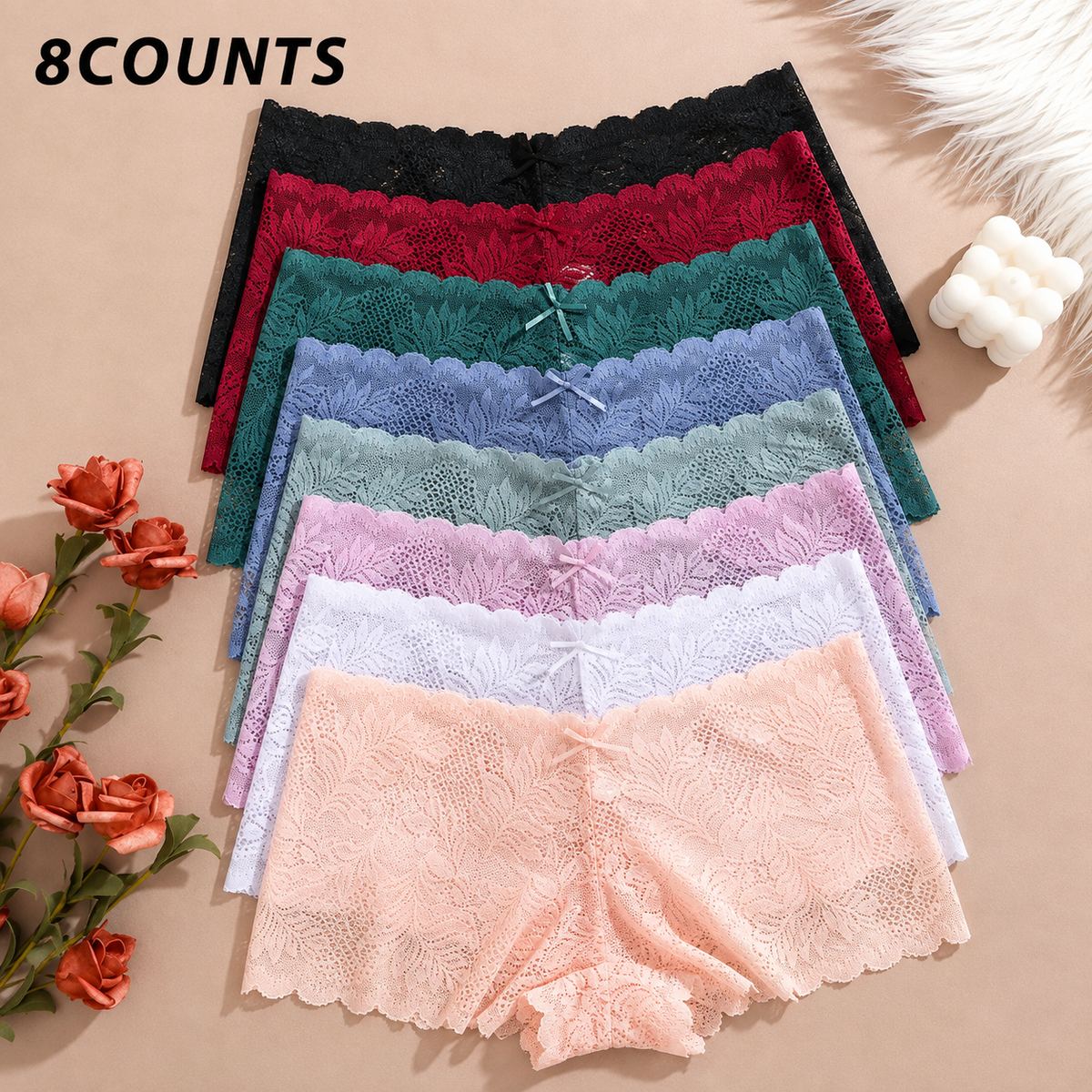8-Pack Comfy Sexy Soft Lace Boyshorts Panties Set