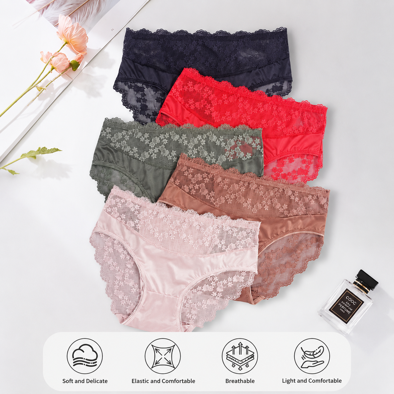 5-Piece Women’s Lace Panties Set – Mid-Waist Bikini Briefs