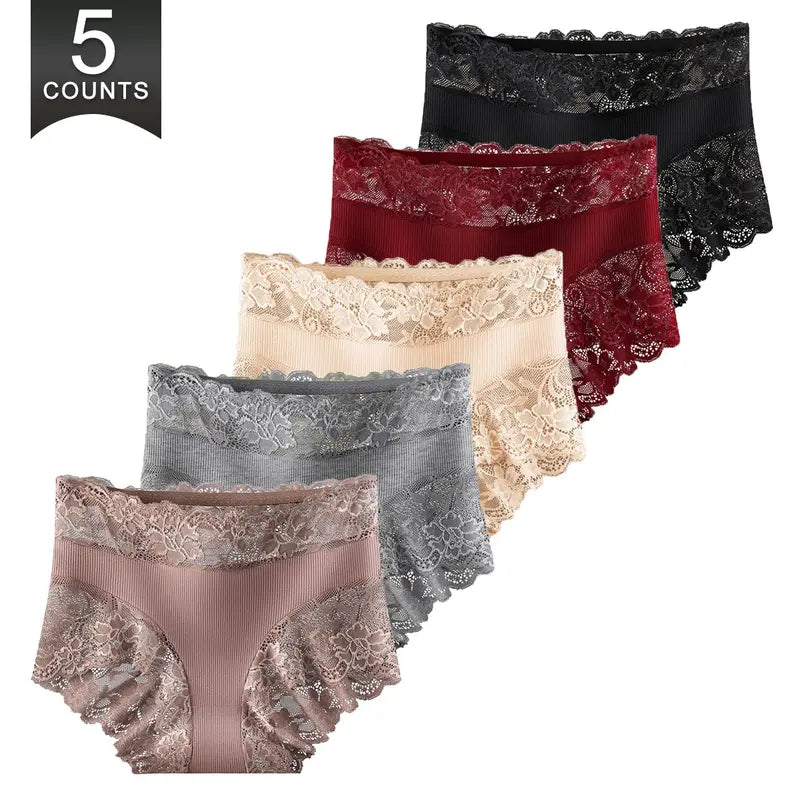 5 Pack Silky Lace Mid-Waist Panties