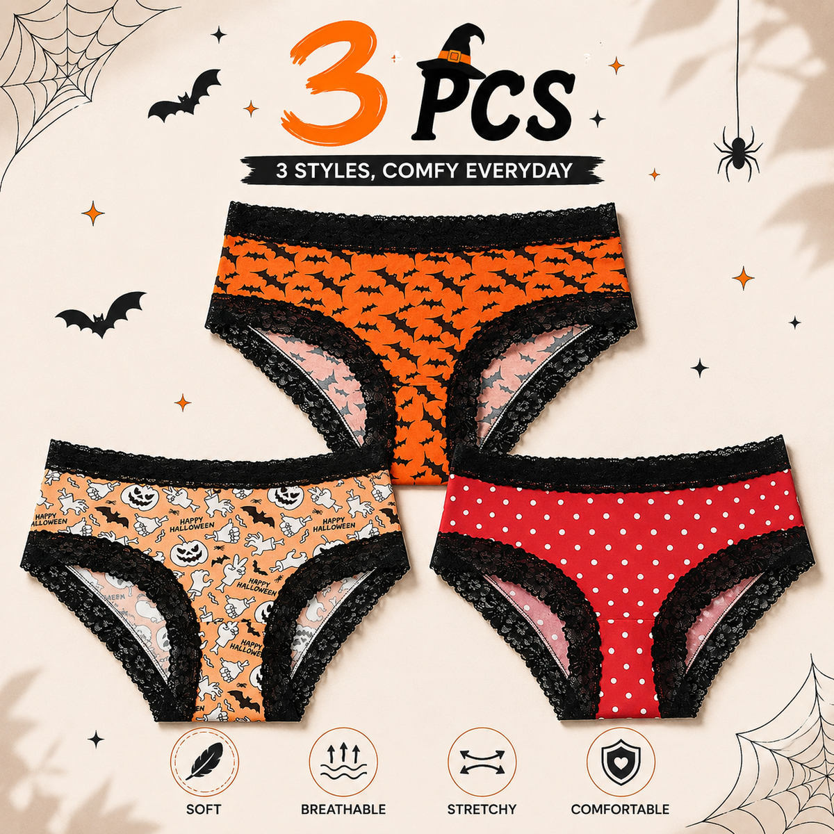 3/9-Pack Halloween Lace Brief Panties
