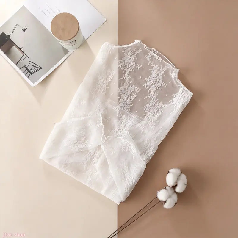 Floral Lace Mesh Long-Sleeve Tight-Fit Innerwear Top