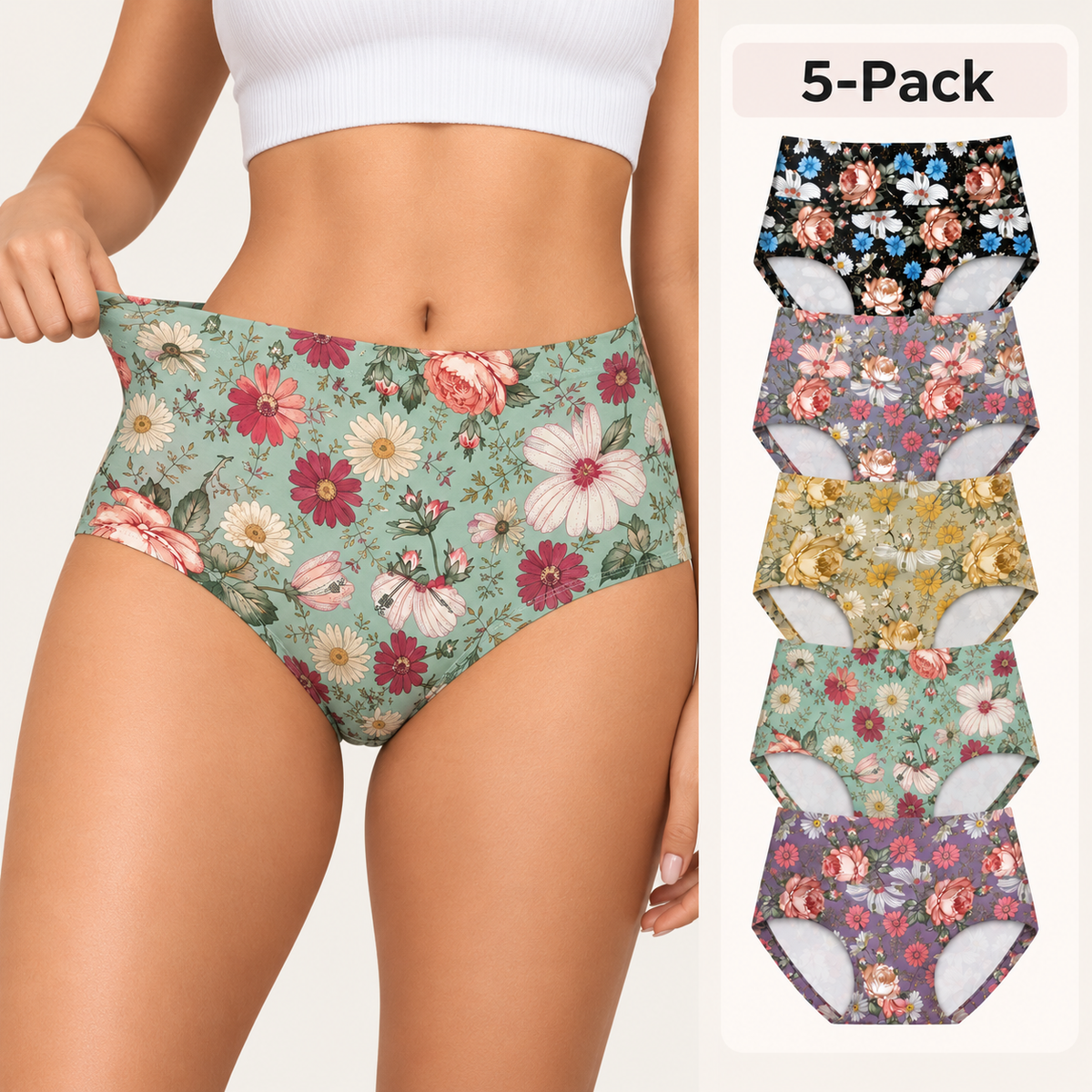 5-Pack Plus Size Floral High-Waist Briefs
