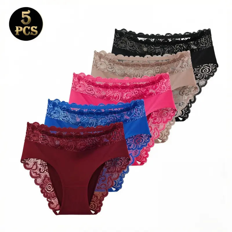 5 Pack Silky Lace Mid-Waist Panties