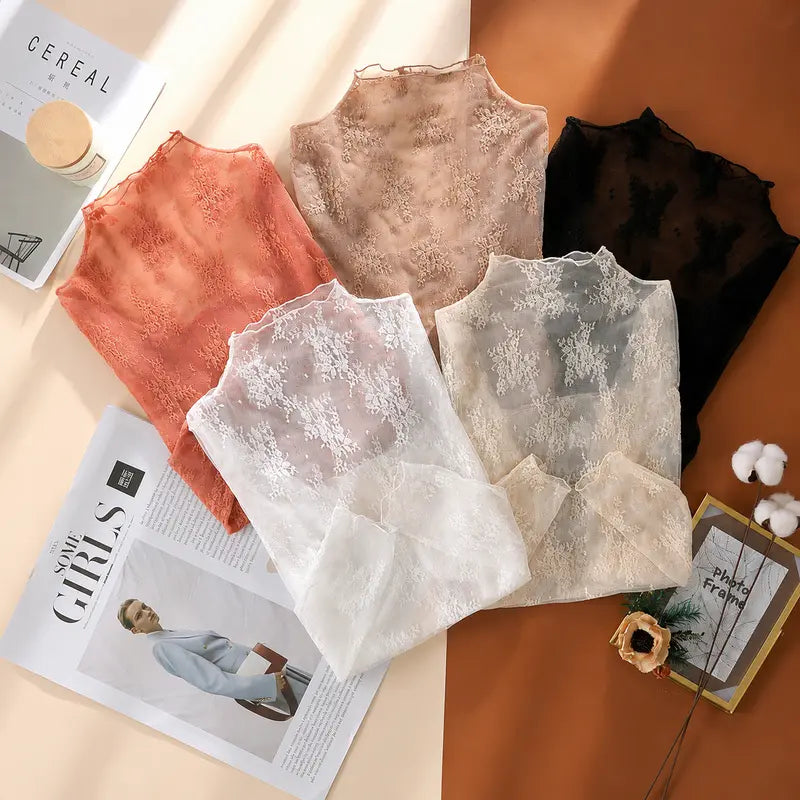 Floral Lace Mesh Long-Sleeve Tight-Fit Innerwear Top