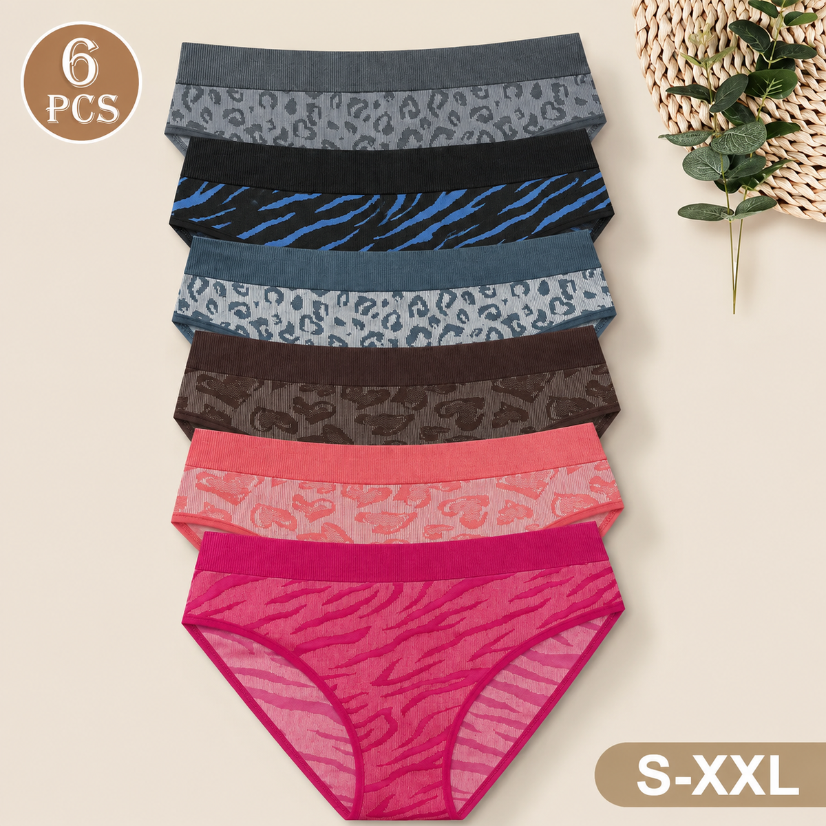 6-Pack  Mid-Waist Seamless Leopard Print Panties