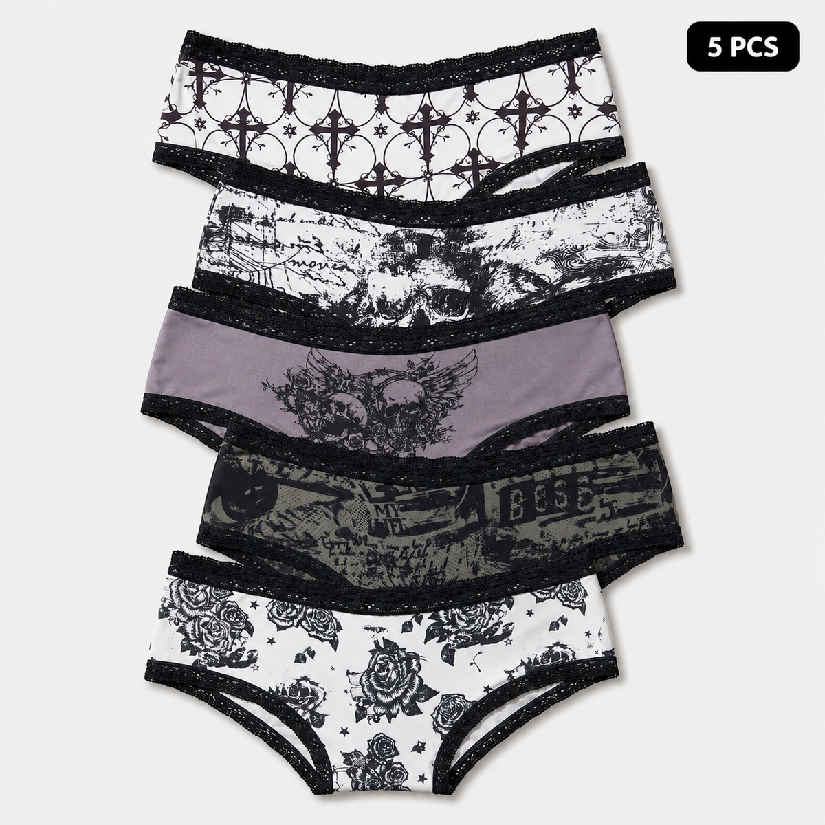 5-Pack Halloween Lace-Trim Printed Mid-Rise Brief Panties