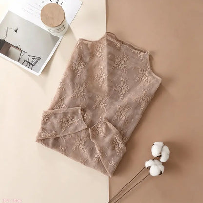 Floral Lace Mesh Long-Sleeve Tight-Fit Innerwear Top